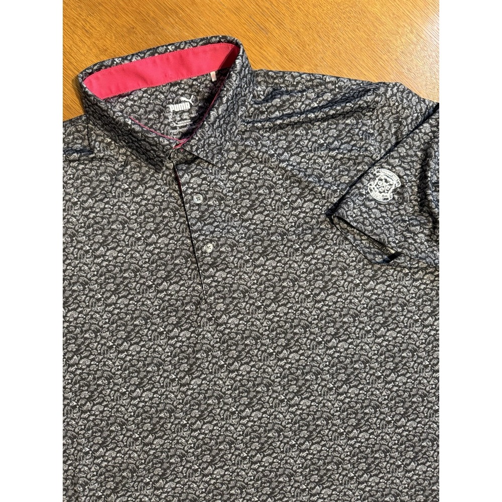Puma Golf Polo Men's XL Black Skeleton Fish All Over Print Performance Stretch